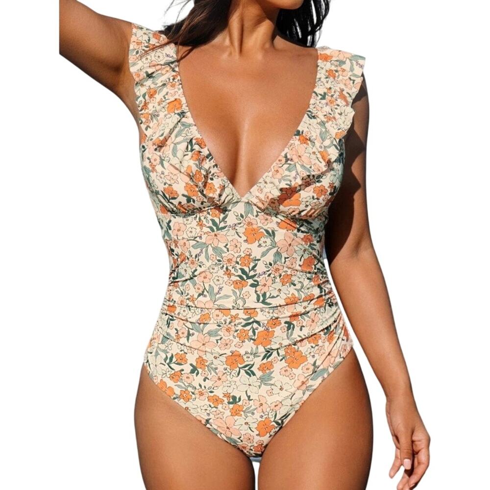 CUPSHE Women One Piece Swimsuit Size M Cream Floral Ruffle Lace Up Back NWT